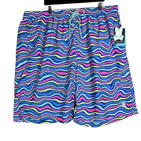 PSYCHO BUNNY 2XLT SWIM SHORTS‎ MULTICOLOR CLARKSON SWIM TRUNK ROYAL BLUE WAVE